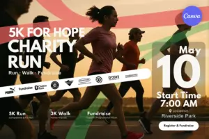 5K charity run poster template with runners at sunset, colorful flowing ribbons, sponsor logos, May 10 event date at Riverside Park, and register button for fundraiser promotion