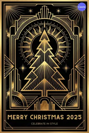 Art Deco Merry Christmas 2025 poster with geometric Christmas tree, golden sunburst patterns on black background in 1920s Gatsby style