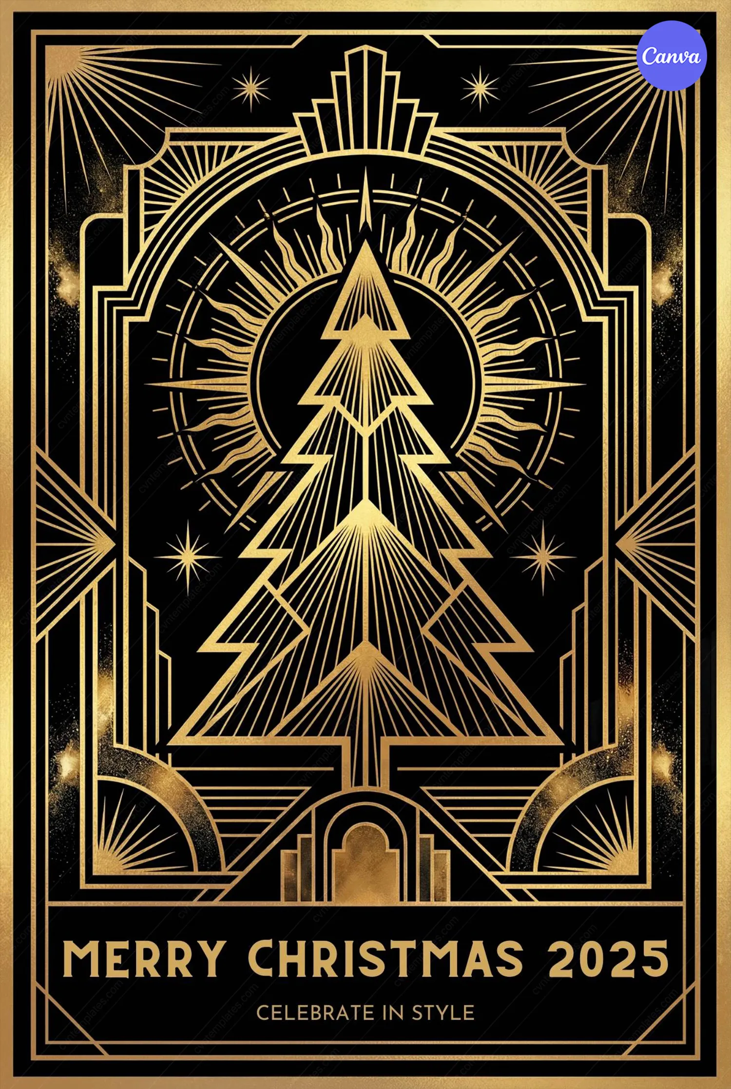 Art Deco Merry Christmas 2025 poster with geometric Christmas tree, golden sunburst patterns on black background in 1920s Gatsby style