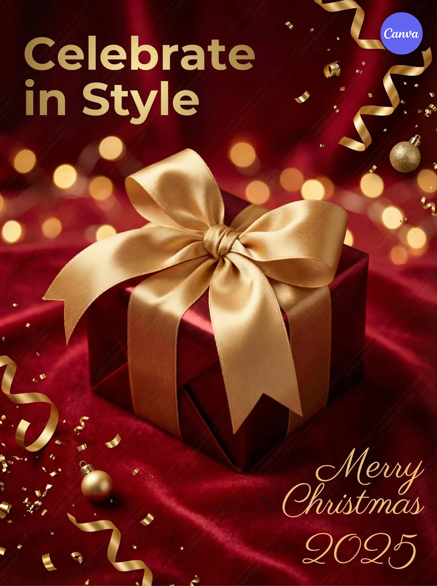 Elegant Merry Christmas 2025 poster with red velvet background, golden gift box with satin bow, and festive bokeh lights