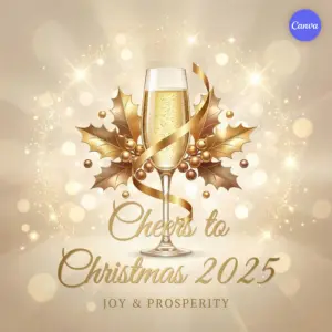 Cheers to Christmas 2025 poster featuring sparkling champagne glass with golden holly leaves and ribbon on soft bokeh background