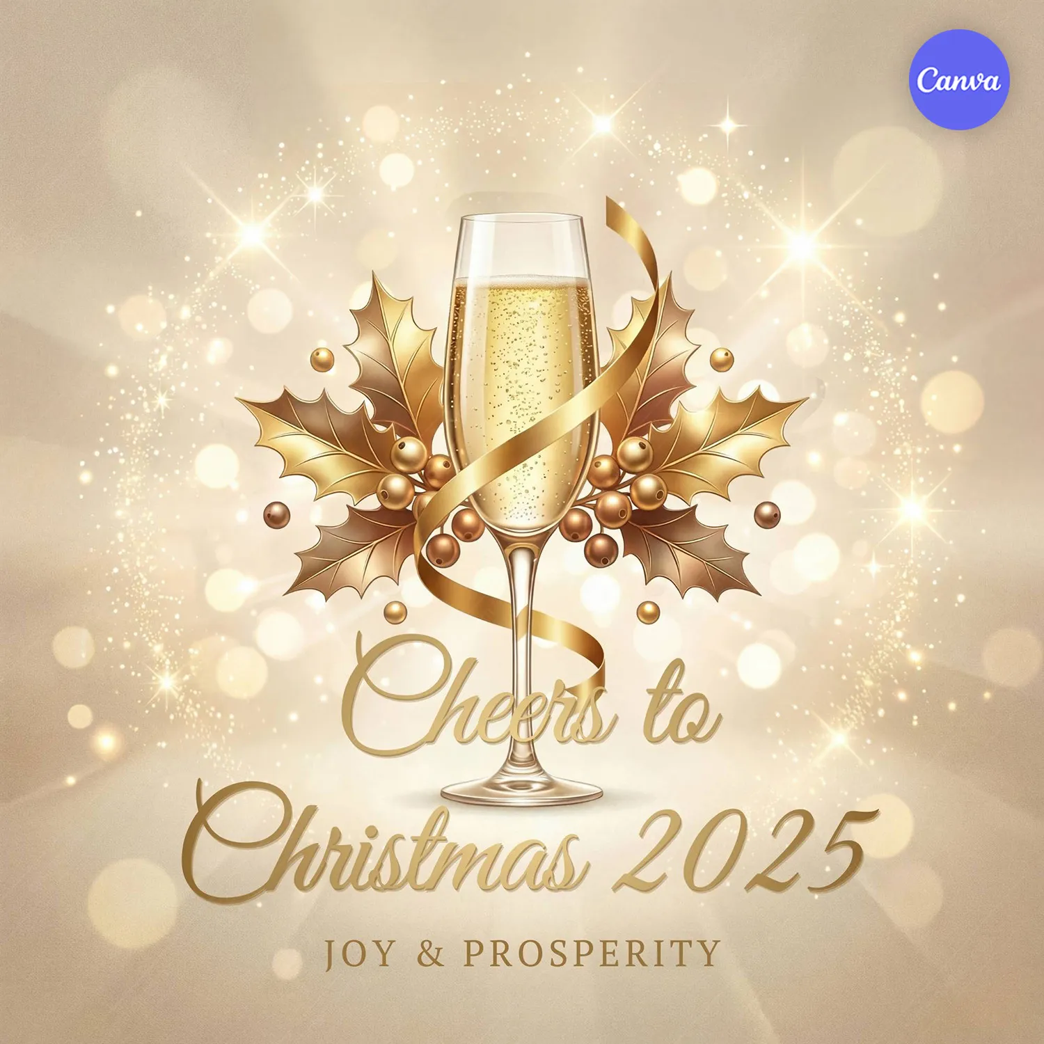 Cheers to Christmas 2025 poster featuring sparkling champagne glass with golden holly leaves and ribbon on soft bokeh background