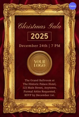 Christmas Gala 2025 invitation poster with ornate gold baroque frame on burgundy velvet background featuring event details and logo placeholder