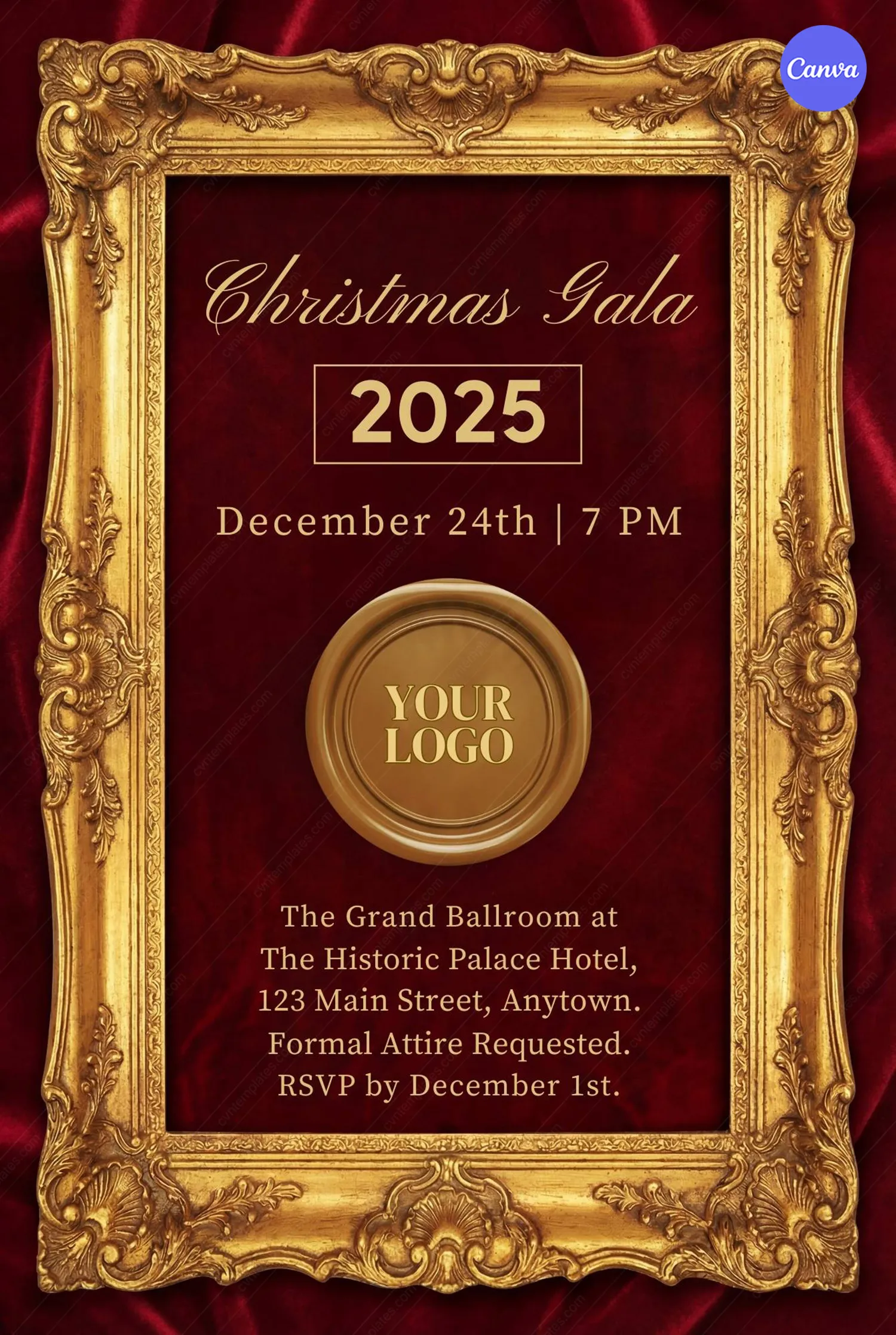 Christmas Gala 2025 invitation poster with ornate gold baroque frame on burgundy velvet background featuring event details and logo placeholder