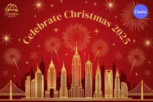 Celebrate Christmas 2025 poster with golden city skyline silhouette and bursting fireworks against vibrant red background with stars and snowflakes