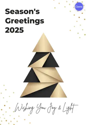 Season's Greetings 2025 poster with abstract geometric Christmas tree made of gold and black triangles on white background with confetti dots
