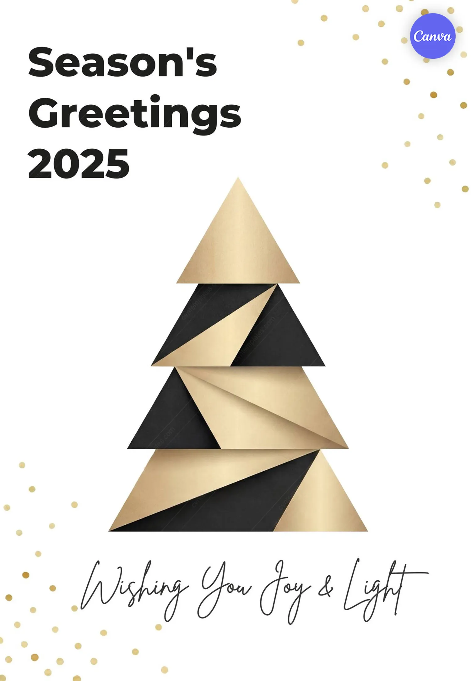 Season's Greetings 2025 poster with abstract geometric Christmas tree made of gold and black triangles on white background with confetti dots