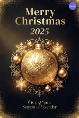 Merry Christmas 2025 poster featuring ornate golden bauble ornament with snowflakes and decorative balls on elegant black background