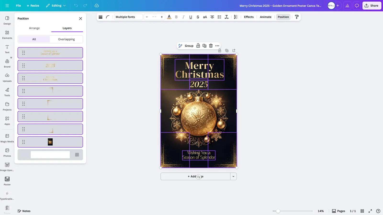 Merry Christmas 2025 - Golden Ornament Poster Canva Template - Image 2