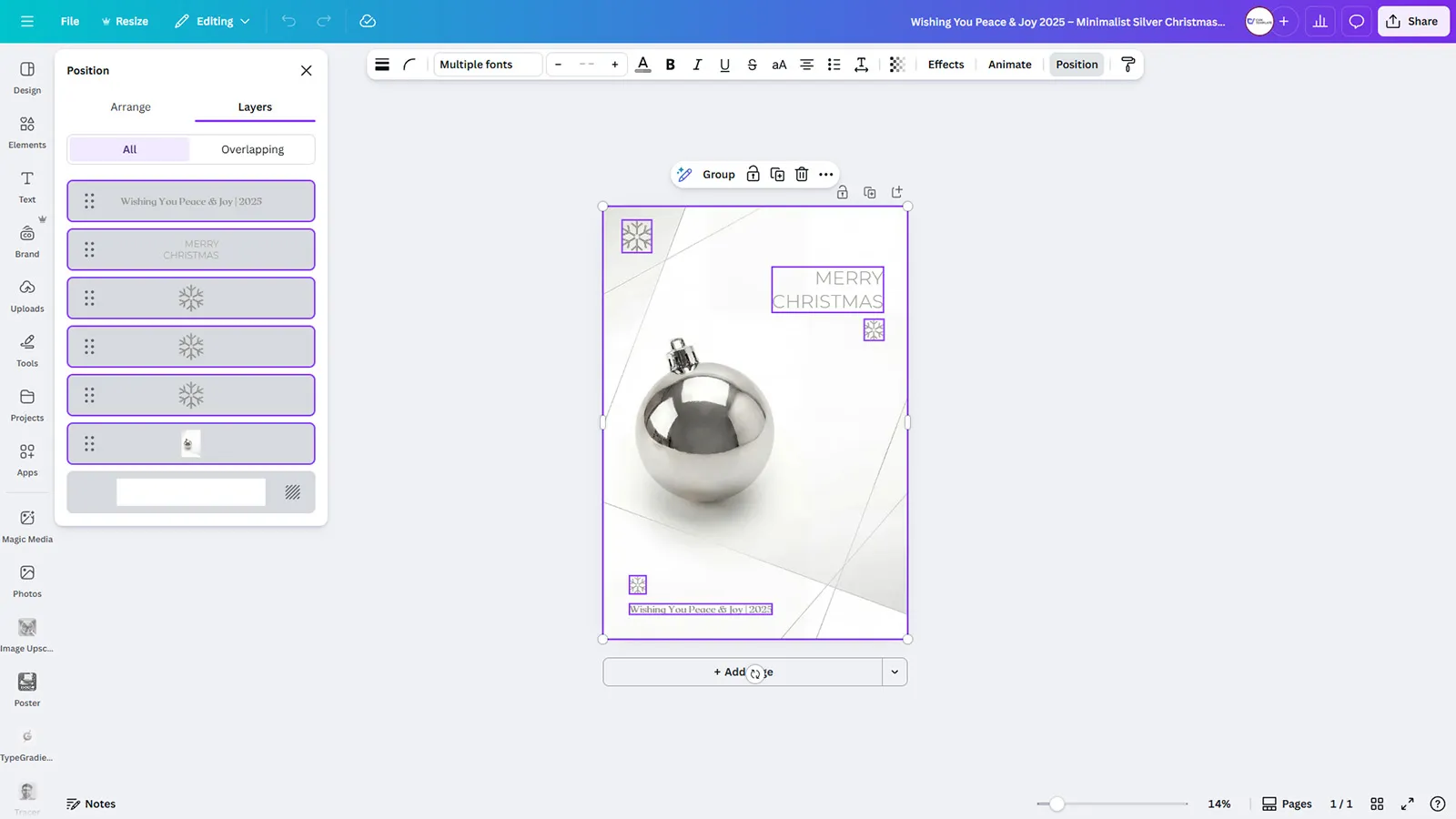 Wishing You Peace & Joy 2025 - Minimalist Silver Christmas Poster Canva Template (Free) - Image 2