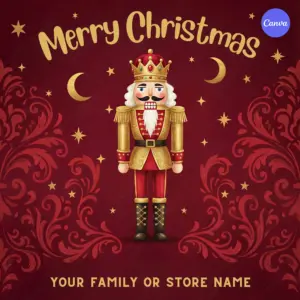 Merry Christmas poster featuring classic royal nutcracker soldier in red and gold uniform with crown on burgundy damask background with stars