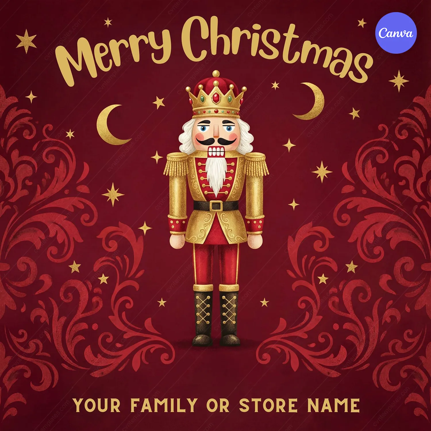 Merry Christmas poster featuring classic royal nutcracker soldier in red and gold uniform with crown on burgundy damask background with stars
