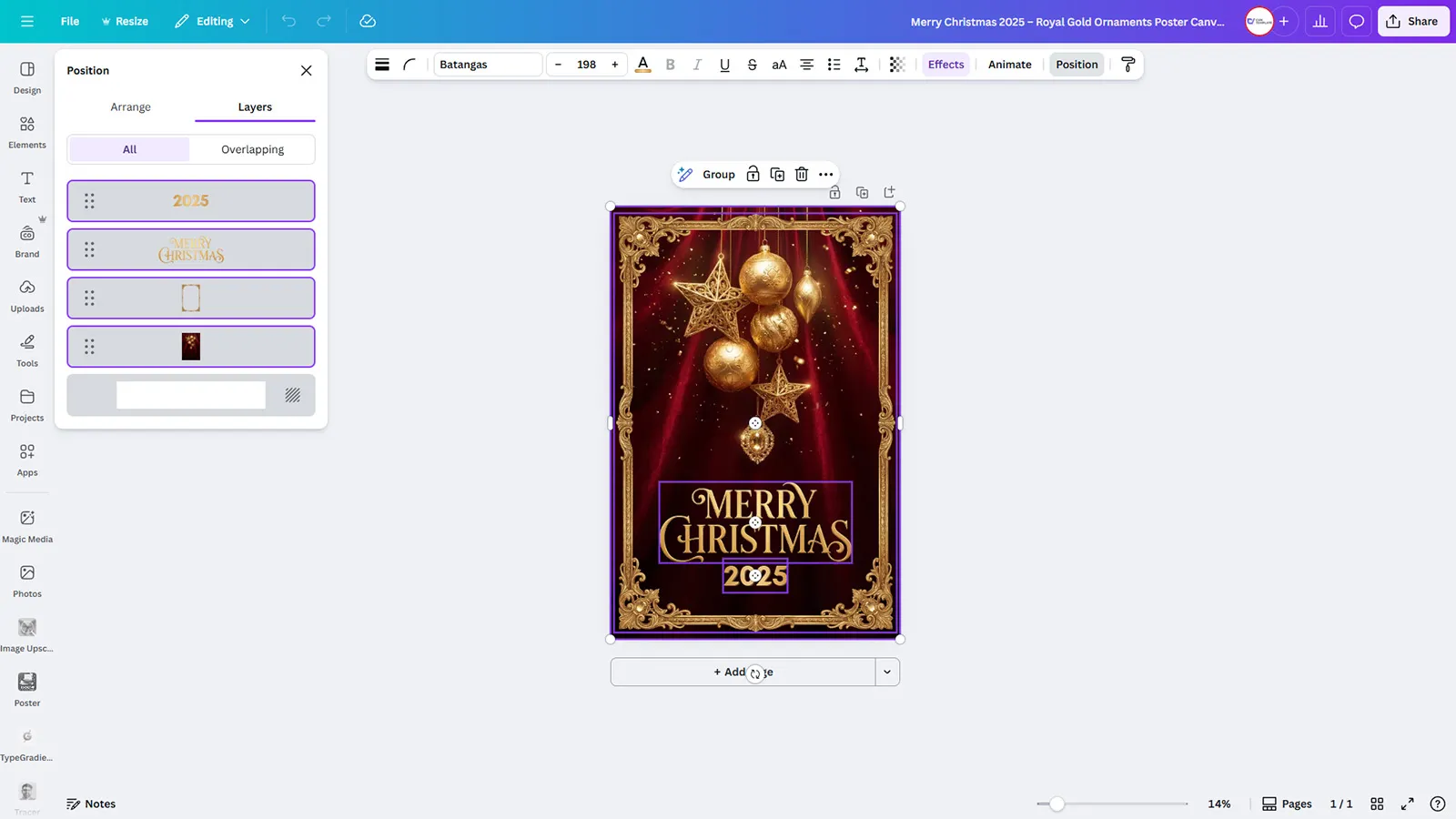 Merry Christmas 2025 - Royal Gold Ornaments Poster Canva Template - Image 2