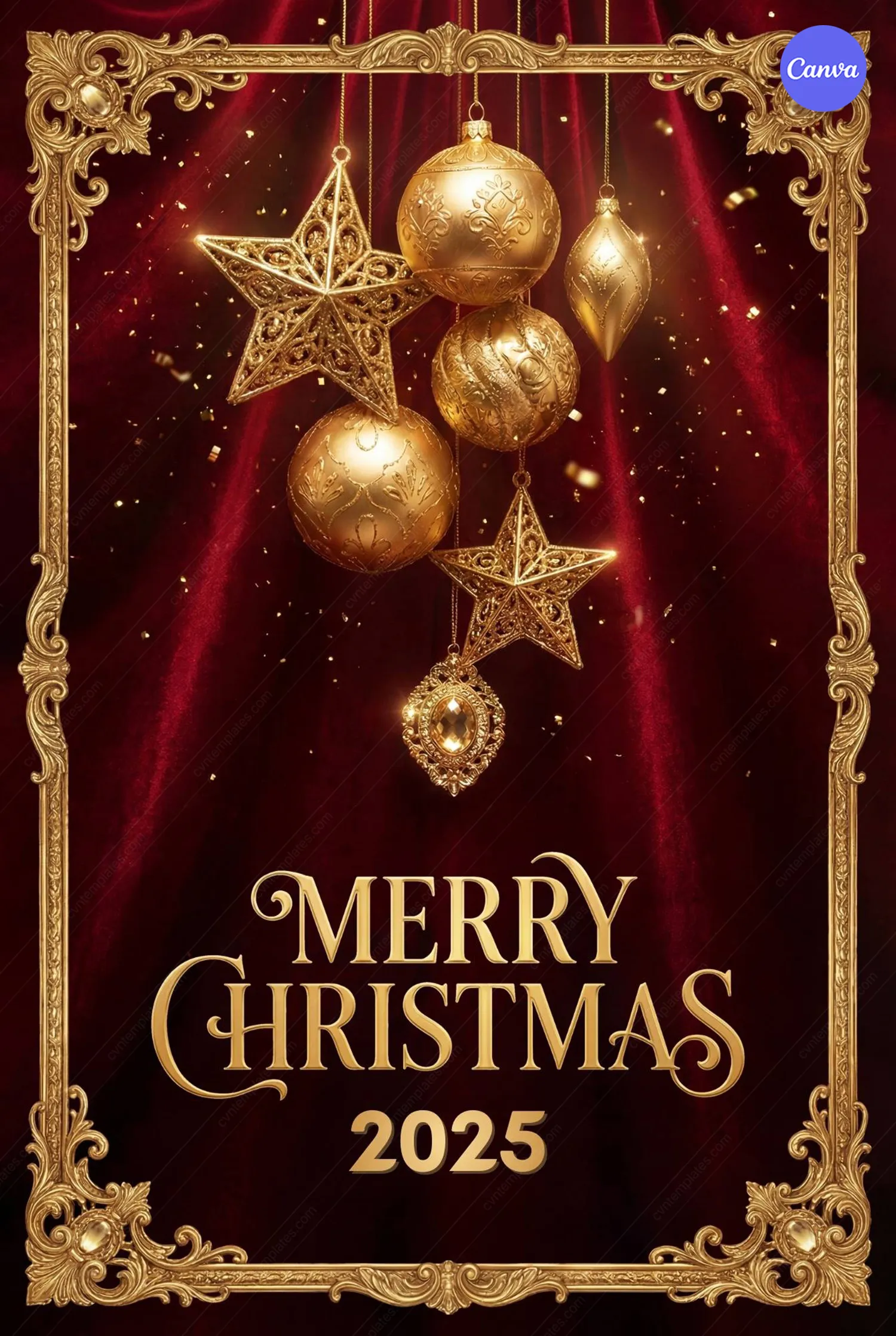 Merry Christmas 2025 poster featuring golden star ornaments and baubles hanging against burgundy velvet with ornate baroque gold frame