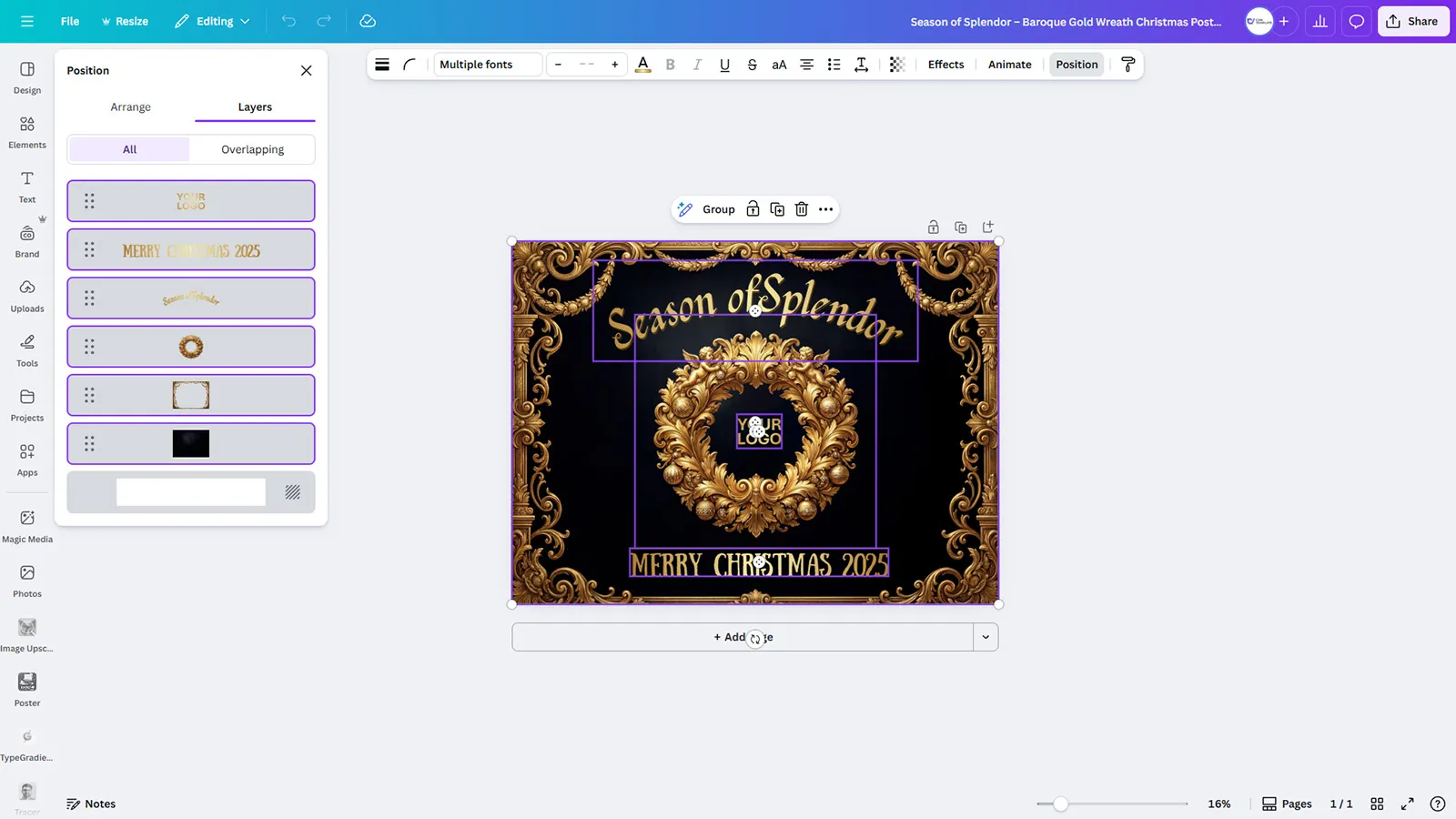 Season of Splendor - Baroque Gold Wreath Christmas Poster Canva Template - Image 2