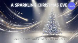 A Sparkling Christmas Eve poster with crystal-decorated Christmas tree under spotlights, golden flowing lights on silver-blue winter background