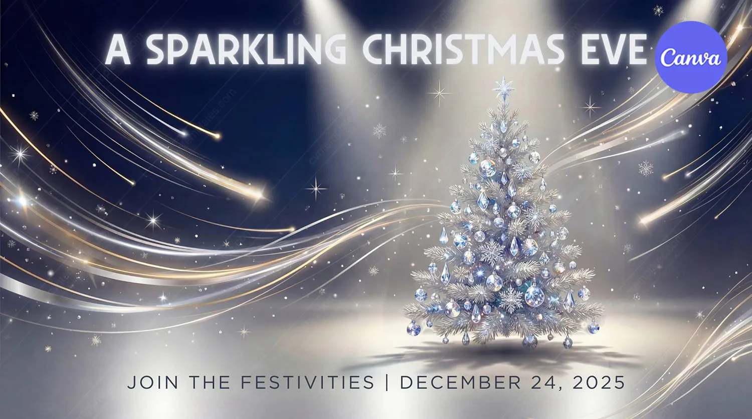 A Sparkling Christmas Eve poster with crystal-decorated Christmas tree under spotlights, golden flowing lights on silver-blue winter background