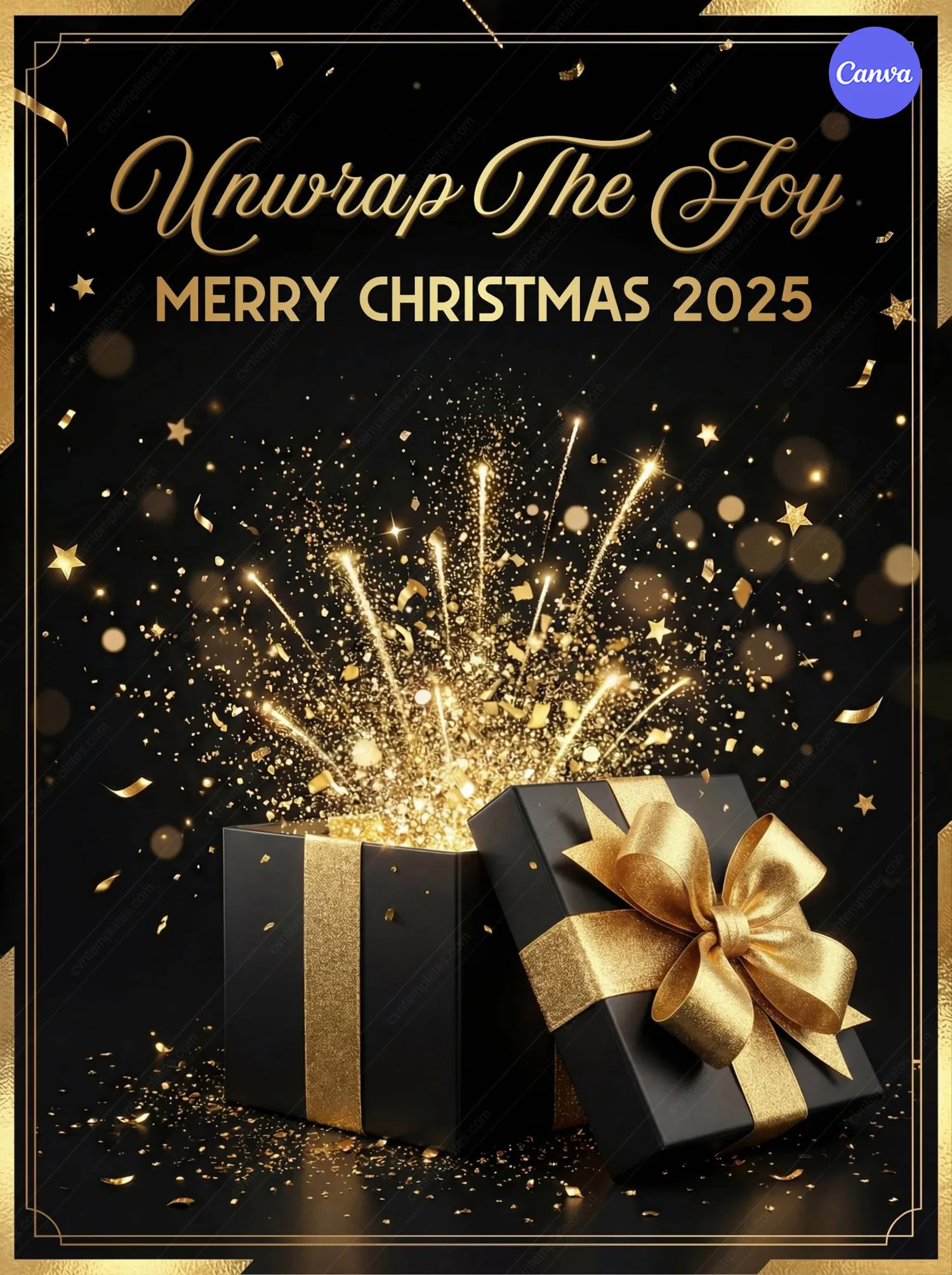 Unwrap The Joy Merry Christmas 2025 poster with black gift boxes exploding with golden sparkles and confetti on dark background