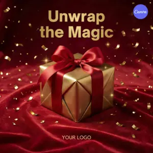 Unwrap the Magic Christmas poster featuring gold gift box with red satin bow on crimson velvet background with sparkling golden confetti