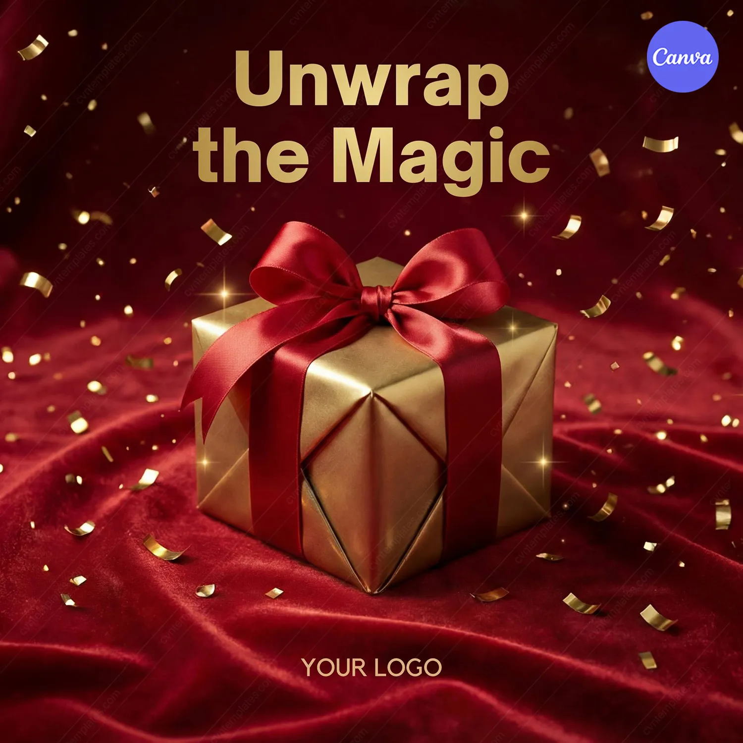 Unwrap the Magic Christmas poster featuring gold gift box with red satin bow on crimson velvet background with sparkling golden confetti