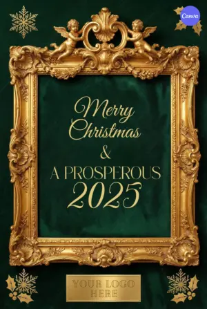 Vintage Merry Christmas 2025 poster with ornate gold baroque frame, cherub angels, emerald green velvet background and golden snowflake decorations