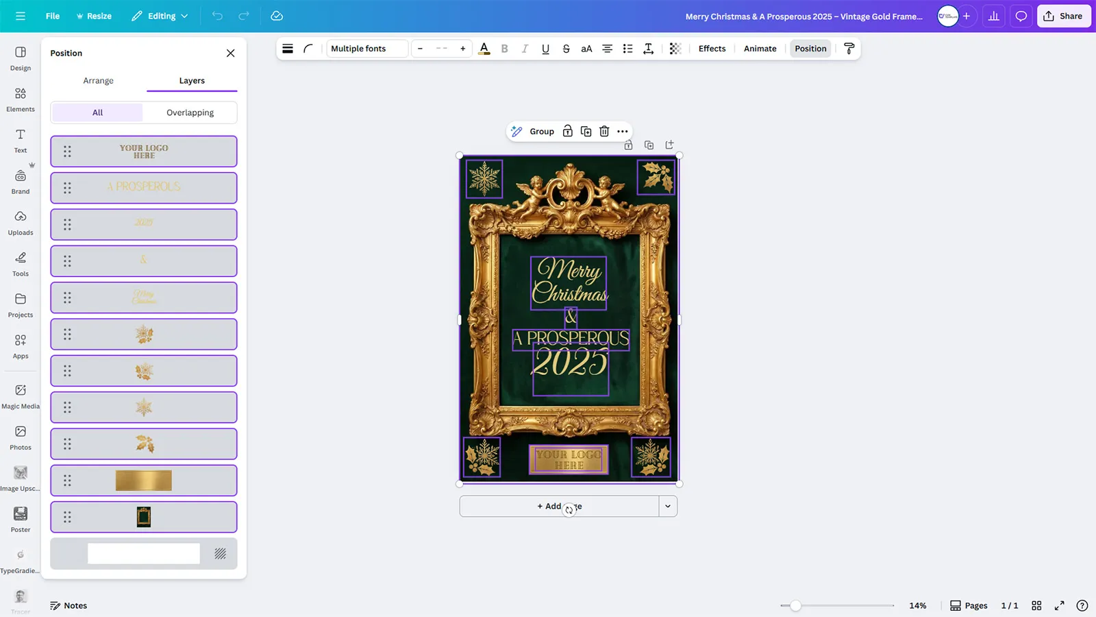 Merry Christmas & A Prosperous 2025 - Vintage Gold Frame Canva Template (Free) - Image 2