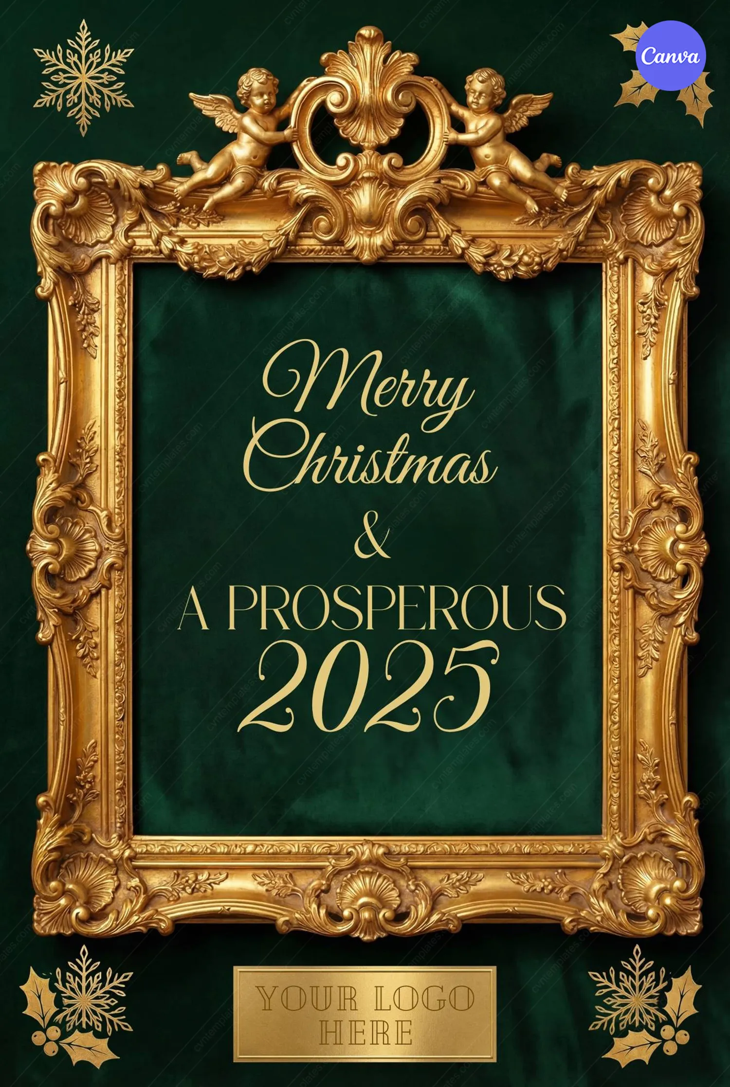 Vintage Merry Christmas 2025 poster with ornate gold baroque frame, cherub angels, emerald green velvet background and golden snowflake decorations