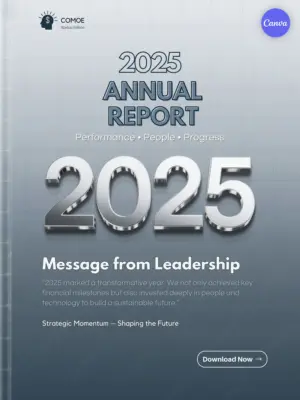 Free annual report cover template with 3D chrome metallic 2025 numbers, gray gradient background, leadership message section, and download button for corporate presentations