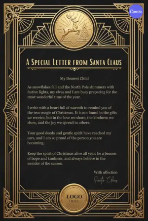 Art Deco Santa letter template with black background featuring gold geometric borders reindeer medallion and elegant A Special Letter from Santa Claus design