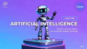 Artificial Intelligence video template for Canva with 3D robot on futuristic platform featuring purple blue gradient background and learn more button