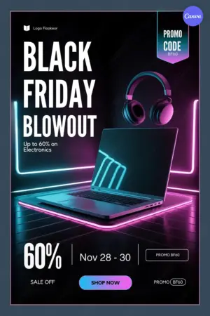Free Black Friday electronics poster template with futuristic laptop and headphones in neon lighting, 60% off, November 28-30 dates, BF60 promo code, and cyan shop now button