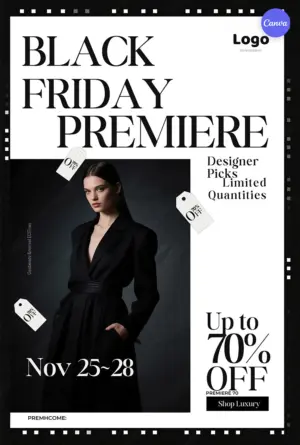 Black Friday fashion poster template with bold model in designer black dress, price tags, up to 70% off, November 25-28 dates, PREMIERE70 code, and shop luxury button