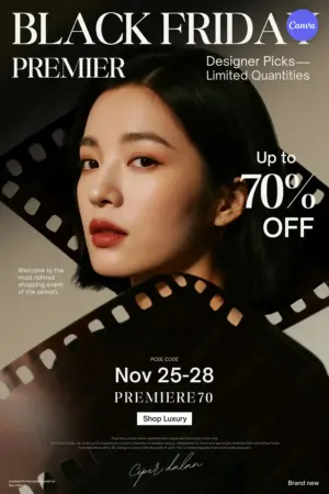 Black Friday sale poster template with sophisticated elegant model and film strip design, up to 70% off, November 25-28 dates, PREMIERE70 code, and shop luxury button