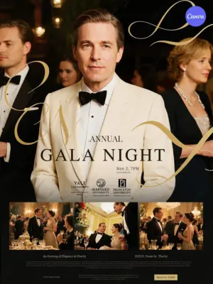 Black tie gala poster template with luxurious guests in formal attire, gold ribbon graphics, November 2 at 7PM, university sponsors, and reserve table button