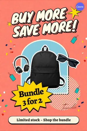 Bundle deal Instagram story template with coral pink design featuring backpack headphones sunglasses and buy 3 for 2 promotion