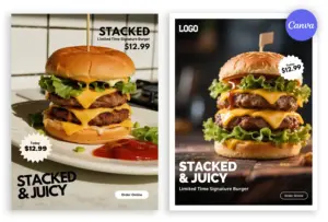 Free burger poster template with two juicy stacked cheeseburger photos, $12.99 price badges, limited time signature burger text, and order online buttons for restaurant promotion