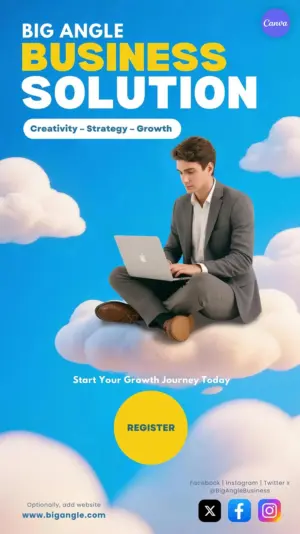 Business solution Instagram story template with businessman on laptop sitting on clouds against blue sky with register button