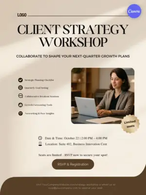 Business strategy workshop poster template with elegant beige and brown tones, professional woman using laptop, checklist of features, October 22 event date, and RSVP button