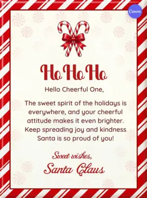 Candy cane Santa letter template with red and white striped border featuring crossed candy canes bow and peppermint decorations with Ho Ho Ho greeting