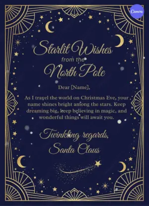 Celestial Santa letter template with navy blue starry night background featuring gold stars moons Art Deco border and Starlit Wishes from North Pole message