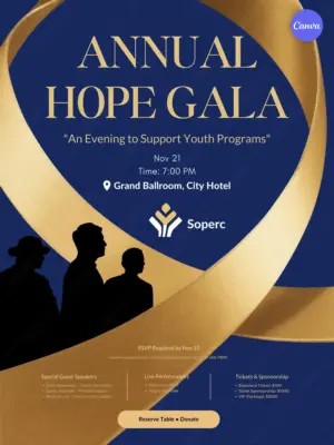 Charity gala event poster template with elegant navy blue and gold design, 3D golden ribbon, silhouette figures, November 21 date, ticket pricing, and reserve table button