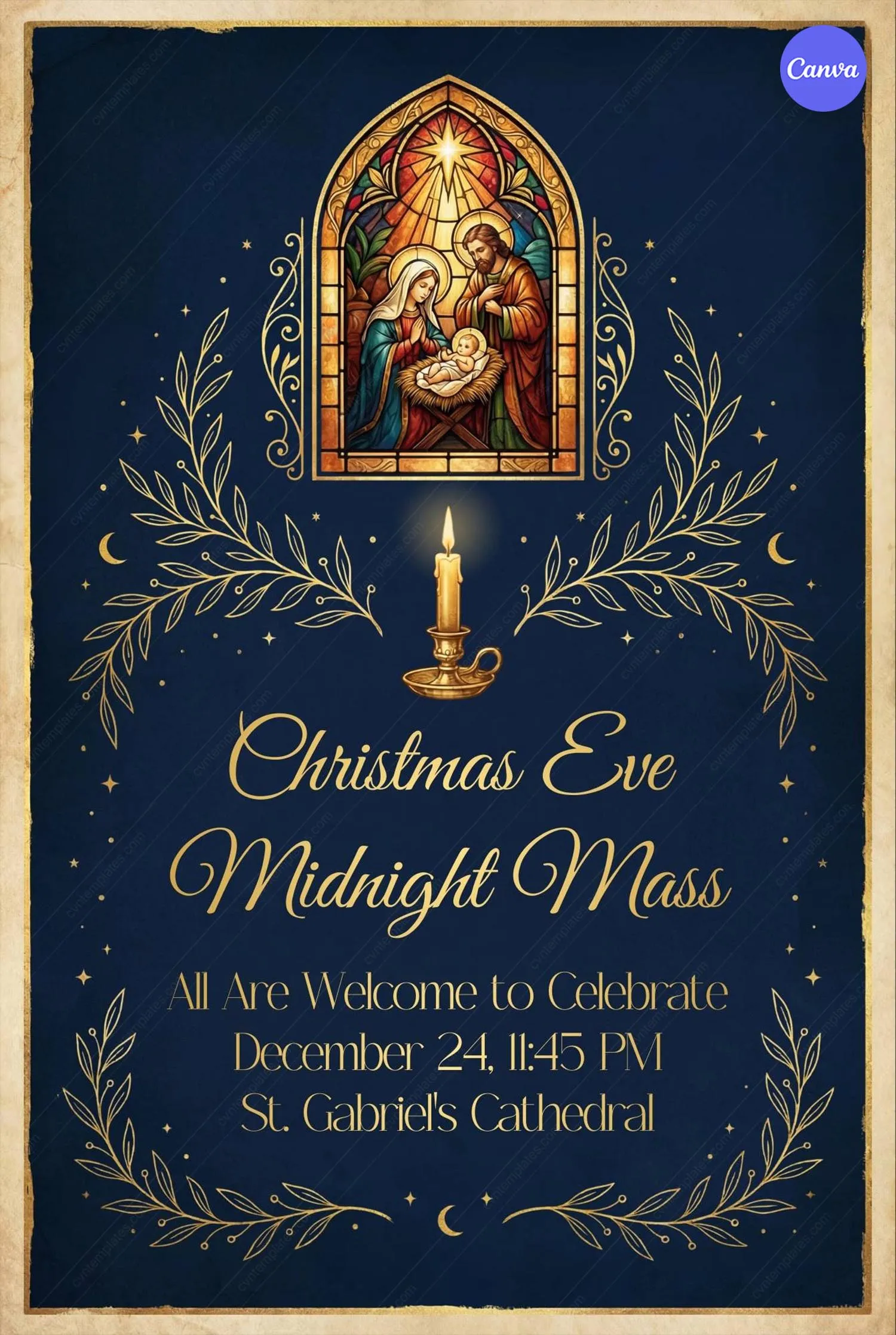 Christmas Eve midnight mass invitation template featuring reverent religious design elements and sacred holiday imagery for church celebrations