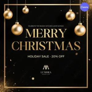 Christmas Instagram template with elegant black and gold design hanging ornaments and 20 percent holiday sale