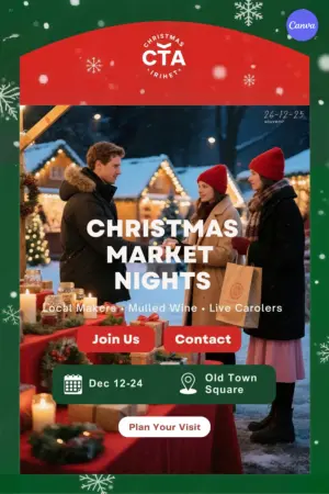 Free Christmas market poster template with festive holiday shoppers, twinkling lights, red green design, December dates at Old Town Square, and plan your visit button