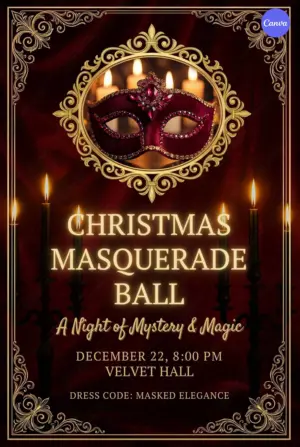 Christmas masquerade ball invitation template featuring elegant mask designs and magical holiday elements for mysterious party celebrations