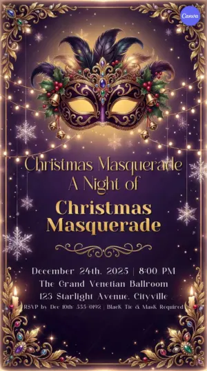 Christmas masquerade invitation template featuring dramatic mask designs and festive holiday elements for a night of mystery and merriment