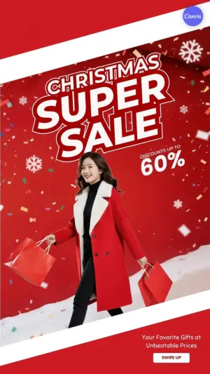 Christmas sale Instagram story template with woman shopping and 60 percent off discount with red festive snowflakes