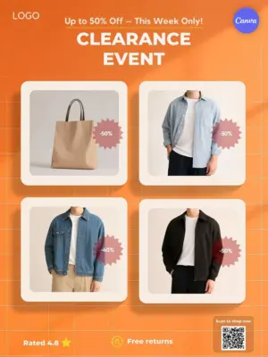 Clearance sale Instagram post template with orange grid background featuring four product cards with discount badges and QR code