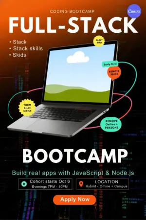 Coding bootcamp poster template with dark tech theme, laptop graphic, colorful badges, JavaScript and Node.js curriculum, October 6 cohort date, and orange apply now button