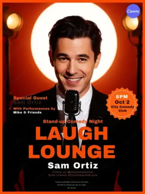Free comedy night poster template with vibrant comedian at microphone, stage spotlight, orange frame, October 2 at 8PM at City Comedy Club, and ticket booking details